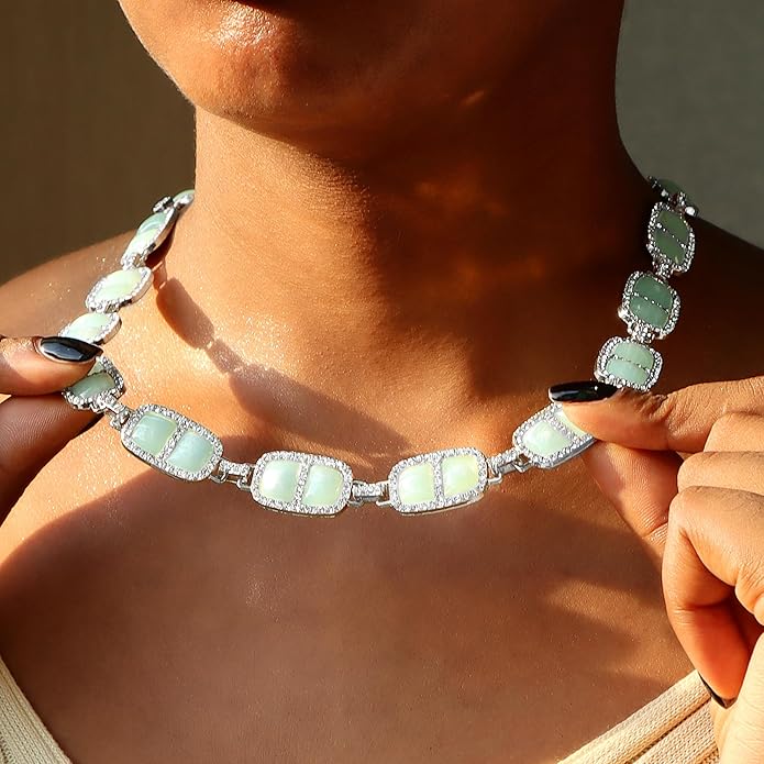 Chunky Necklace for Women 12 Colors Diamond Stone Gold Statement Necklace for Women Full Trendy Blue Birthstone Choker Necklace for Women Square Design Necklace Jewelry