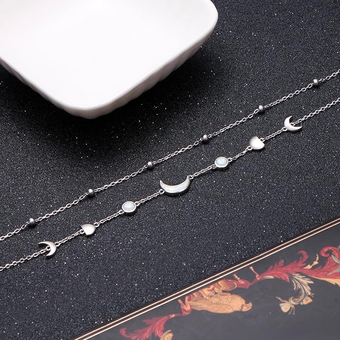 FLYOW Anklet for Women S925 Sterling Silver Adjustable Foot Beaded Heart Charm Ankle Bracelet Anklets Jewelry