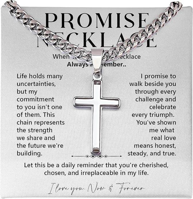FLAGISTA Promise Cross Necklace for Him – Stainless Steel Cross Pendant with Cuban Link Chain, Meaningful Promise Gift for Husband, Boyfriend or Loved One.