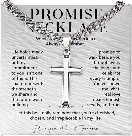 FLAGISTA Promise Cross Necklace for Him – Stainless Steel Cross Pendant with Cuban Link Chain, Meaningful Promise Gift for Husband, Boyfriend or Loved One.