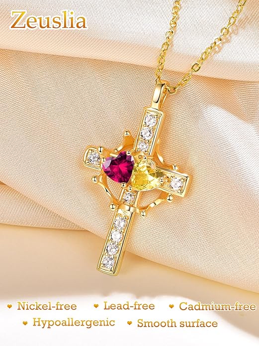 Zeuslia Double Birthstone Necklace Gifts for Wife - 925 Sterling Silver Sunflower/Rose/Crown Cross/Compass/Heart Pendant I Love You Necklace, Anniversary Birthday Gifts for Wife Girlfriend Mom Her