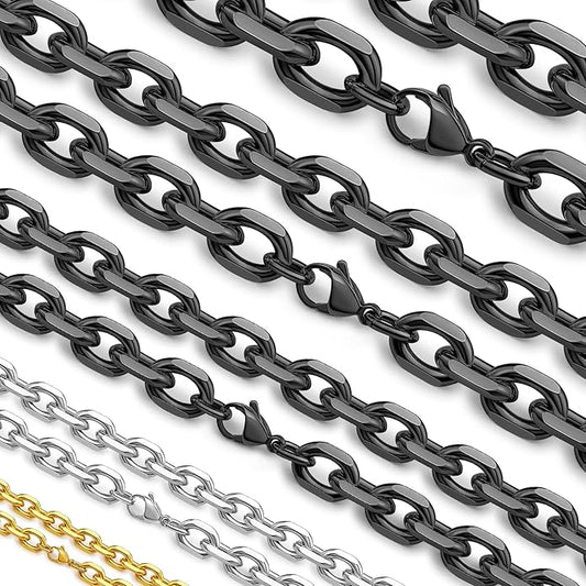 Hoyazvet Cable Chain Stainless Steel Necklace for Men Women, 3/5/8/10/13MM Width, 18K Gold Plated/Black Metal/316L Stainless Steel Sturdy Rolo Link Chain Necklace, 18-30inch Length
