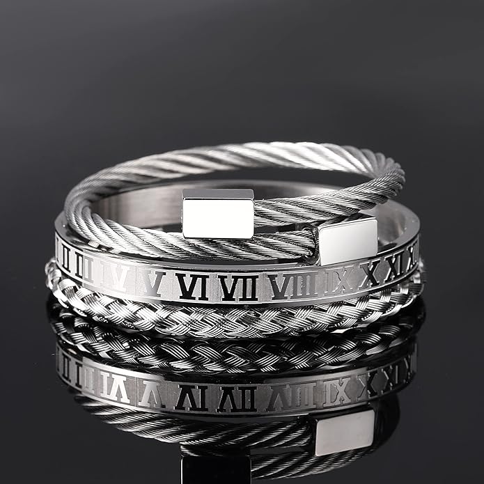 WFYOU 3PCS Stainless Steel Bracelets for Men Gold Roman Numeral Bangle Bracelet Twisted Cable Bracelet Adjustable Cuff Bracelet Mens Luxury Jewelry Bracelets Gifts