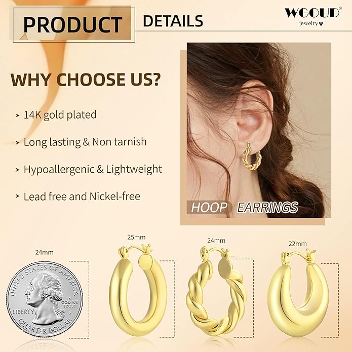 WGOUD 3Pairs 14K Gold Plated Chunky Hoop Earrings Set for Women, Trendy Hoop Earring 925 Sterling Silver Post - Hypoallergenic Thick Lightweight Twisted Hoops Dainty Gold Earrings for Women Jewelry Gifts