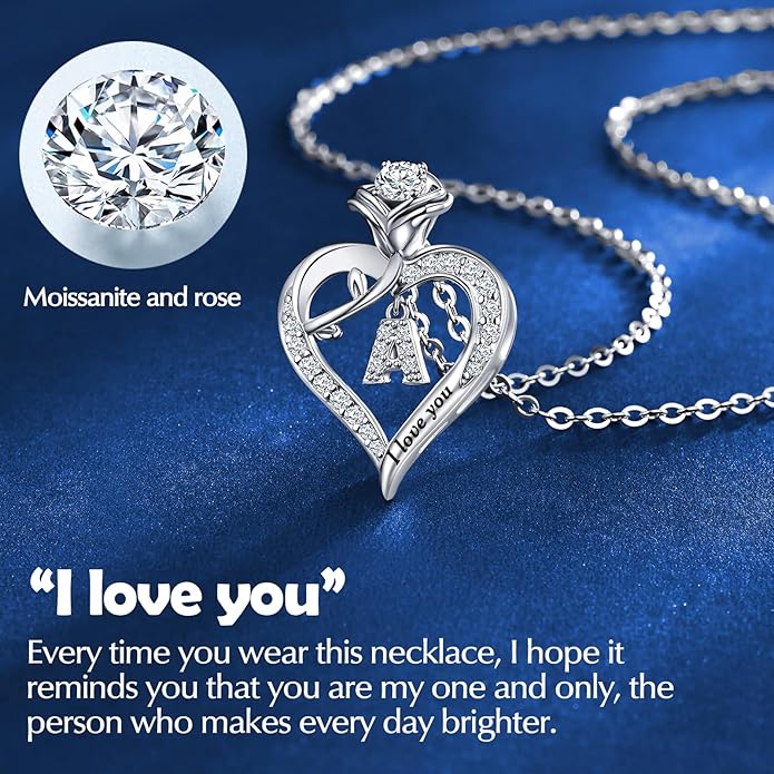 DWWGE Rose Heart Pendant Necklace Gifts for Wife, Engraved 'I love you' Gift for Wife Girlfriend, Anniversary Birthday Eternity Jewelry Present for Women, Moissanite Necklace Gift for Her