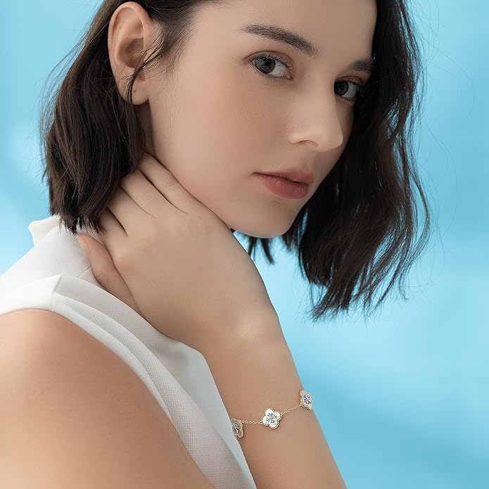Fydesta 18K Gold Plated Clover Bracelet, Mother of Pearl Four Leaf Flower Bracelet for Women, 6.9" + 2" Adjustable Bracelet, Cross Motif, Gold or Silver Tone
