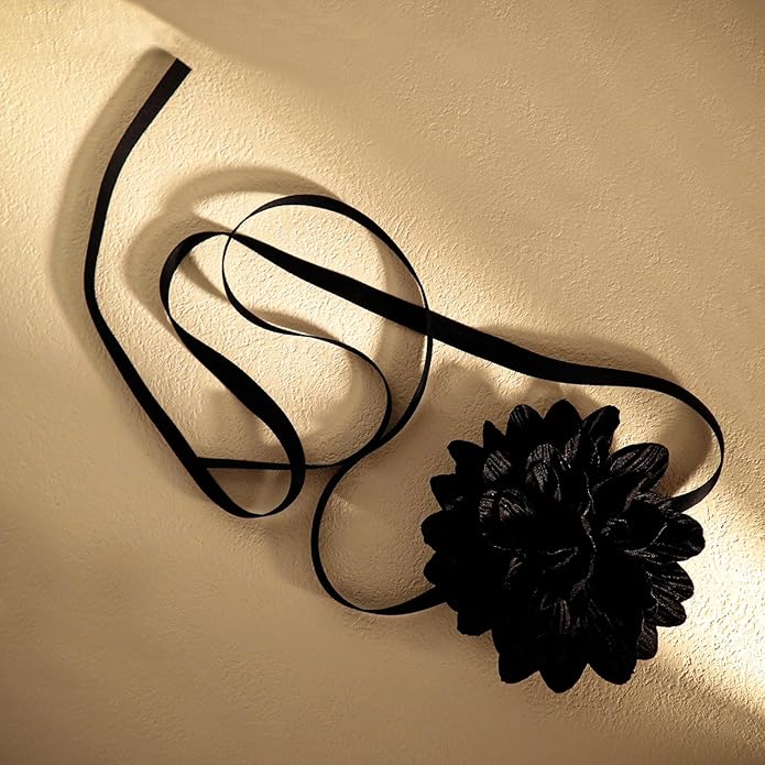 Black Choker Camellia Flower Lace-up Necklace For Women