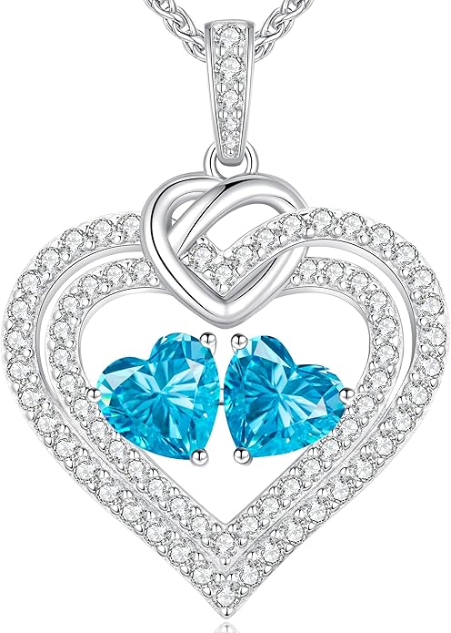 LOUISA SECRET Sparkling Double Heart Birthstone Necklaces for Women, 925 Sterling Silver Fine Jewelry, Pendant Heart Necklaces Birthday Anniversary Christmas Gift for Women Wife Mom Girlfriend Lady