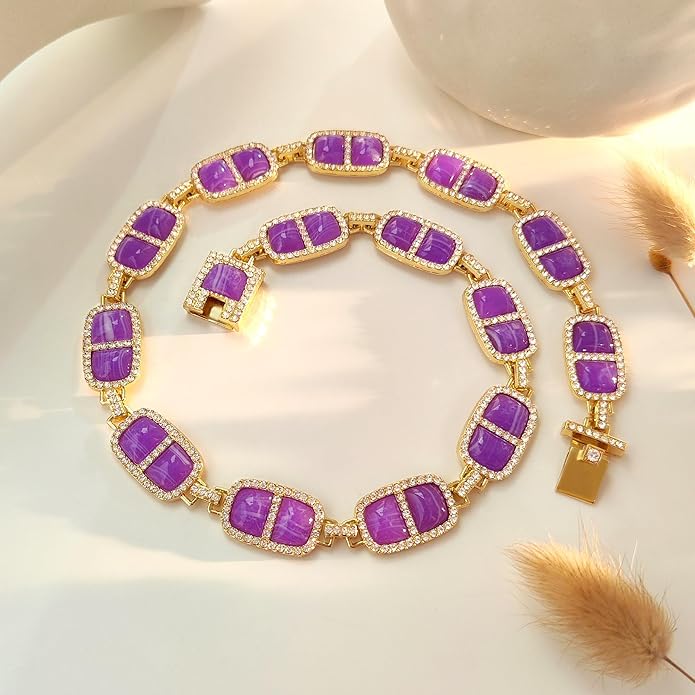 Chunky Necklace for Women 12 Colors Diamond Stone Gold Statement Necklace for Women Full Trendy Blue Birthstone Choker Necklace for Women Square Design Necklace Jewelry