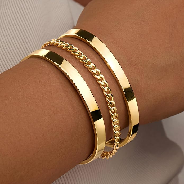 Silver Bracelets for Women Stack, Silver or Gold Plated Cuff Bangle Set, Trendy Silver Jewelry for Women Fashion