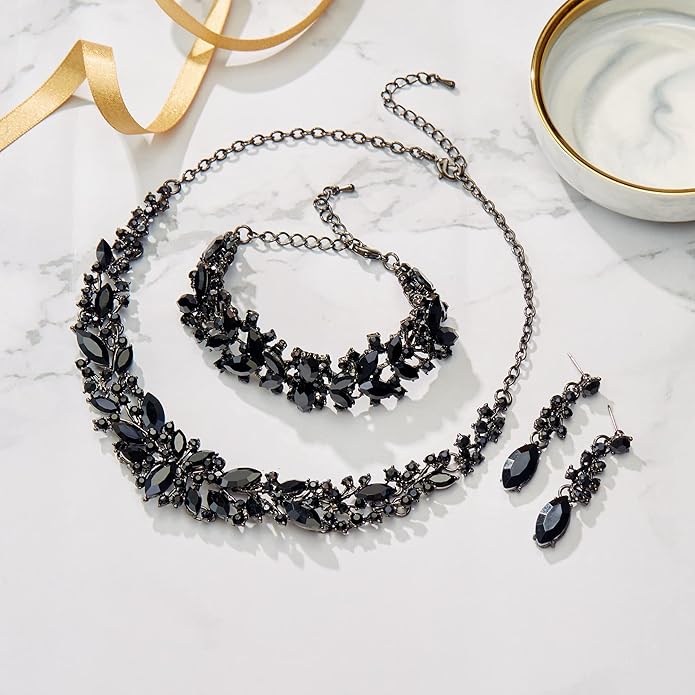 BriLove Women's Wedding Bridal Austrian Crystal Marquise Cluster Collar Necklace Dangle Earrings Set