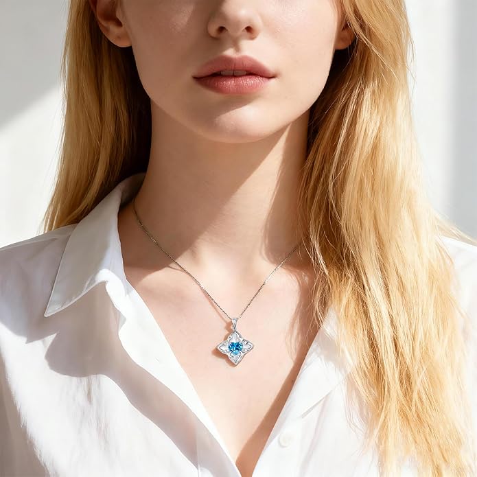 Delicate Four-Leaf Clover Charm Necklace with January Birthstone - S925 Silver, Gift Idea