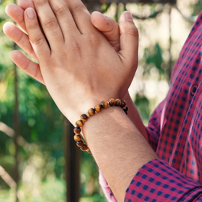 RTZN® Tigers Eye Bracelet for Men – Premium Artisan Handcrafted Golden Brown Tiger Eye Bead Bracelets – Natural Stone Tiger Eye Bracelet Men – Beaded Bracelets for Men