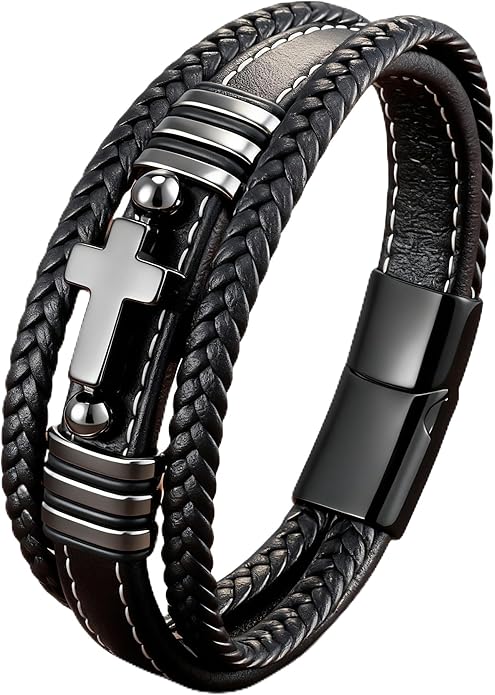 Cross Leather Bracelet For Men Multilayer Braided Memorial Wristband Bangle Stainless Steel Buckle Religious Activities Holiday Gifts