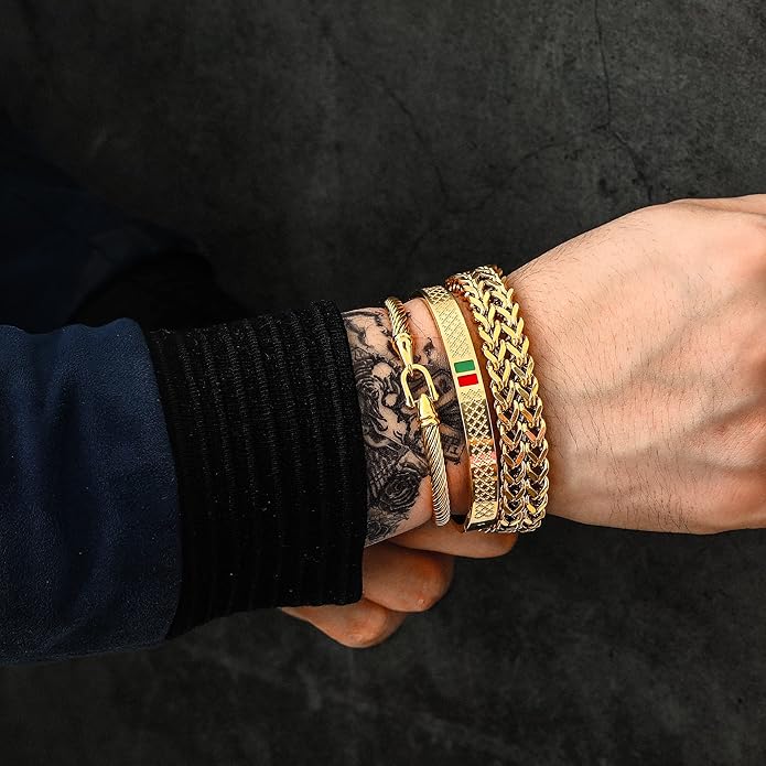 WFYOU 3PCS Stainless Steel Bracelets for Men Gold Roman Numeral Bangle Bracelet Twisted Cable Bracelet Adjustable Cuff Bracelet Mens Luxury Jewelry Bracelets Gifts