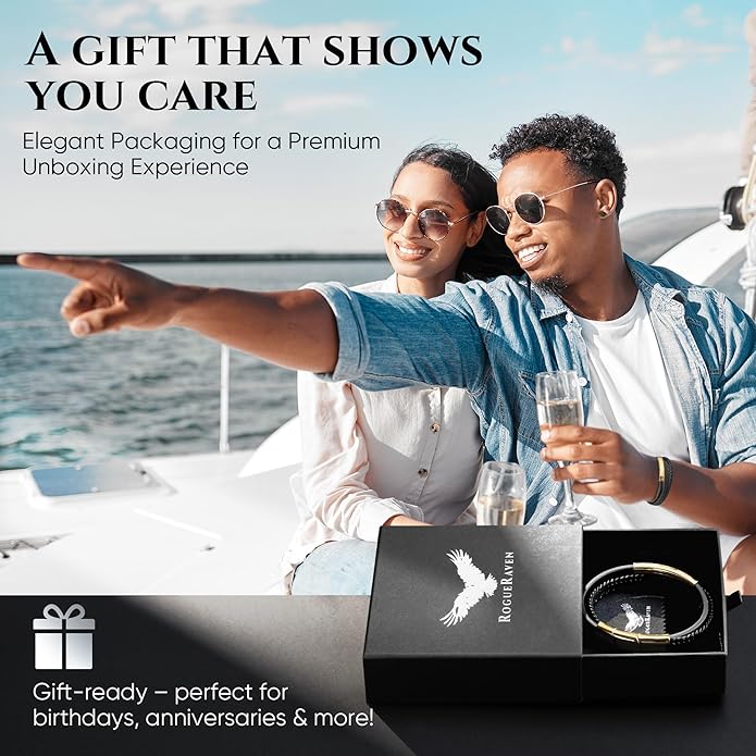RogueRaven Black Leather Bracelet for Men – Premium Collection – Brown Black Gold Silver | Genuine Leather Mens Bracelet with Stainless Steel Clasp [Adjustable] | In Luxury Gift Box