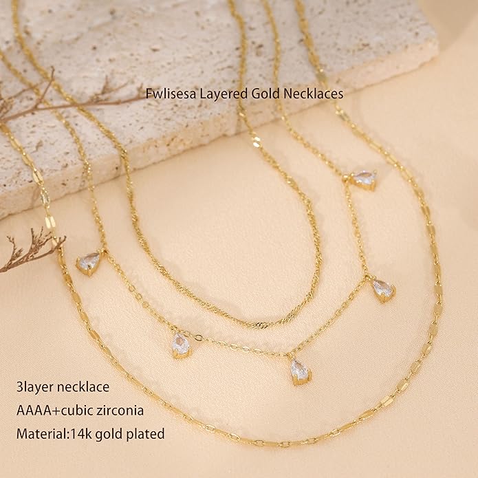 Layered Necklaces for Women, Dainty Gold Necklace Stack 14k Gold Plated Layering Cubic Zirconia Choker Necklaces for Women Trendy Simple Layered Gold Necklace Set Fashion Jewelry