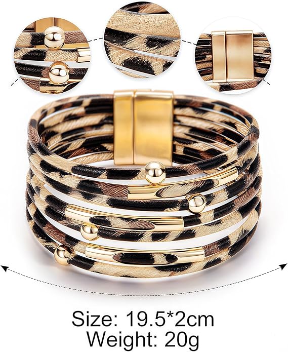 Fesciory Leopard Bracelet for Women, Boho Leather Wrap Multi-Layer Pearl Crystal Bracelet Bangle Jewelry