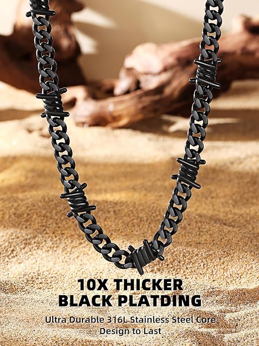 Bestyle Barbed Wire Necklace 5/7/9/12mm Mens Chain Necklaces Hip-hop Punk Gothic Stainless Steel Chain Heavy Thick Cuban Link Chain for Men Women, Length 16/18/20 Inch