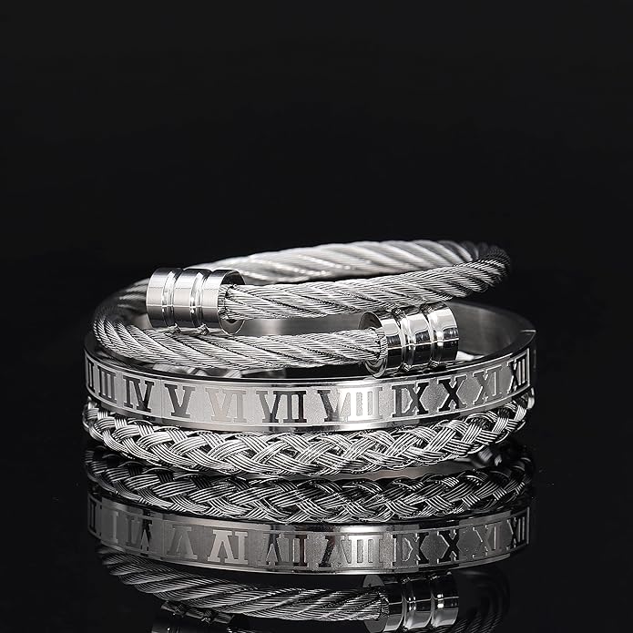 WFYOU 3PCS Stainless Steel Bracelets for Men Gold Roman Numeral Bangle Bracelet Twisted Cable Bracelet Adjustable Cuff Bracelet Mens Luxury Jewelry Bracelets Gifts