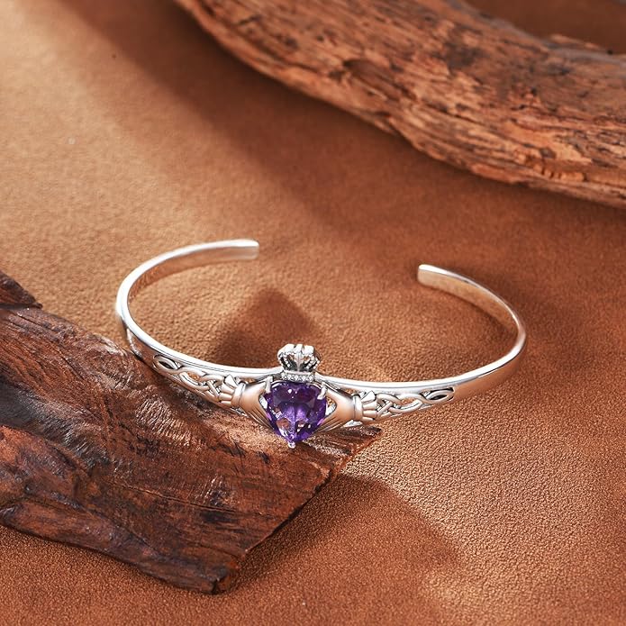 Genuine Amethyst Claddagh Cuff Bracelet for Women, 925 Sterling Silver Adjustable Celtic Knot Bangle, Irish Good Luck Friendship Gift for Her