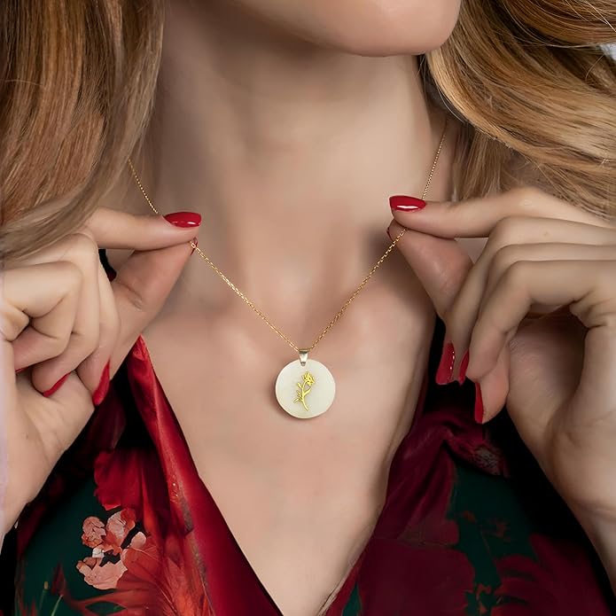 ONTHOLOGIE Birth Month Flower Necklace on Natural Mother of Pearl, 925K Sterling Silver Pendant Birth Flower Necklace, Personalized Birth Month Jewelry, Meaningful Gift for Women