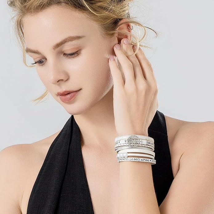 FANCY SHINY Tree of Life Leather Wrap Bracelet Inspirational Cuff Bangles Boho Pearl Bracelets with Magnetic Clasp Unique Jewelry Gifts for Women