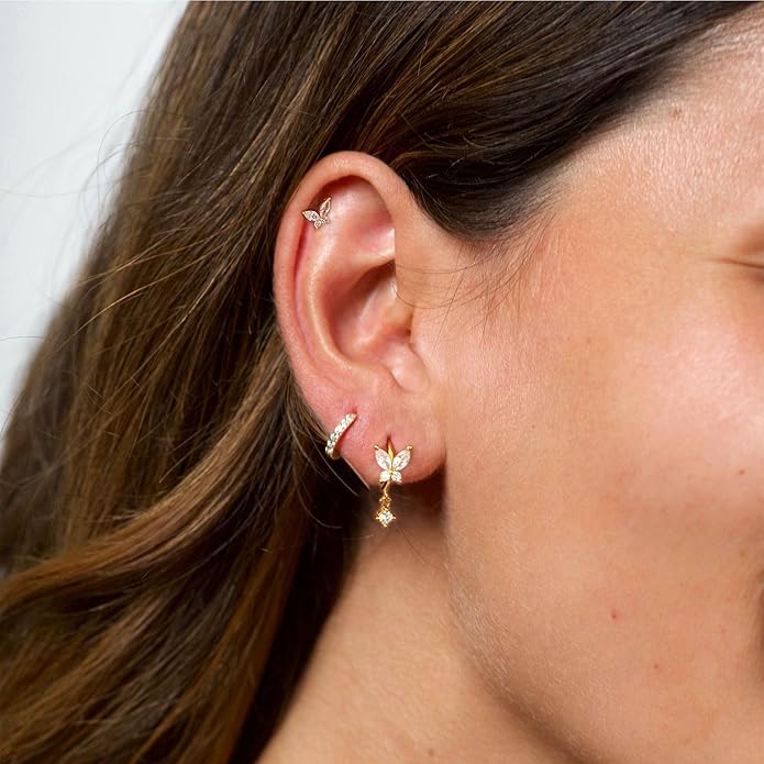 Gold Plated Earrings for Women, 14k Gold Plated Earring Stack Hypoallergenic Pearl Drop Earring Dainty Earrings for Women Trendy Cute Small Huggie Hoop Earring Fashion Womens Jewelry