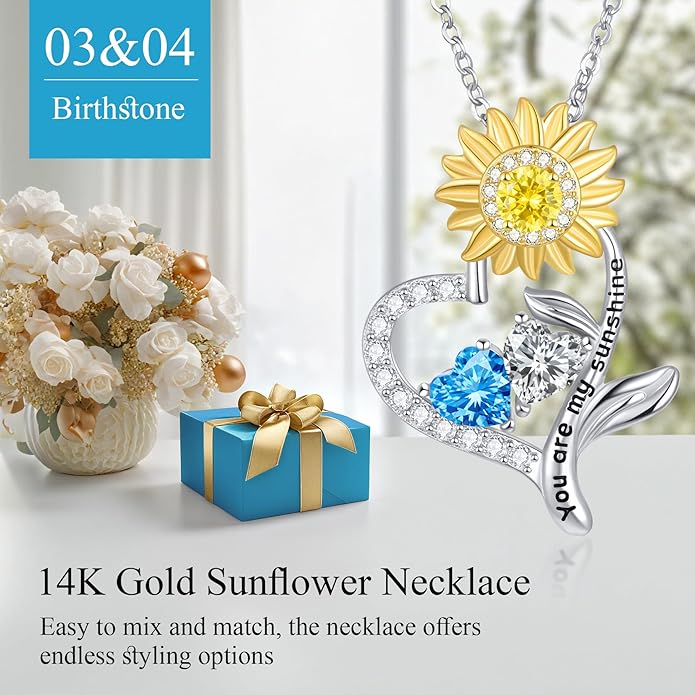 PERJI Valentine's Day Gifts for Women - 925 Sterling Silver Double Birthstone Sunflower Necklace, Anniversary Birthday Jewelry You are My Sunshine Gifts for Wife Couple Girlfriend 18"+2" Non Tarnish