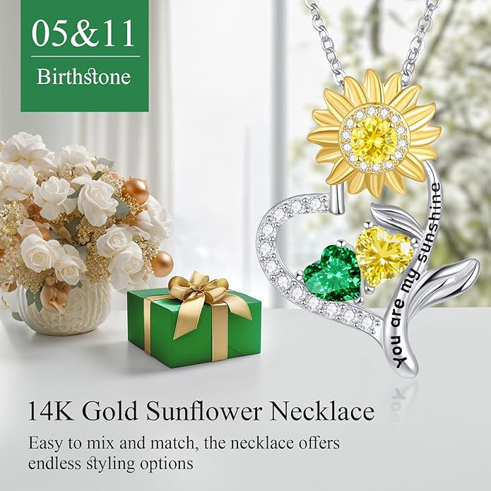 PERJI Valentine's Day Gifts for Women - 925 Sterling Silver Double Birthstone Sunflower Necklace, Anniversary Birthday Jewelry You are My Sunshine Gifts for Wife Couple Girlfriend 18"+2" Non Tarnish