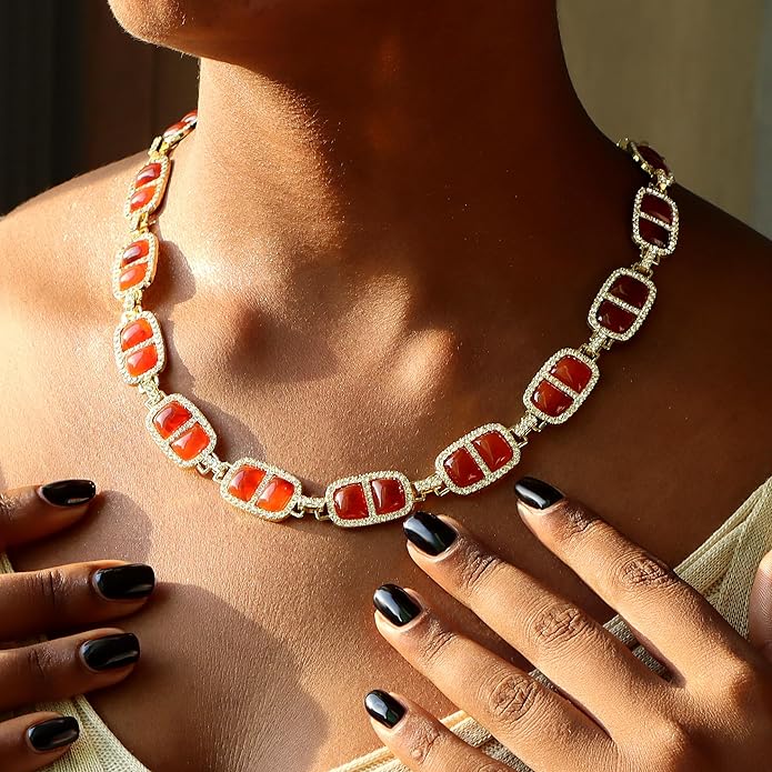 Chunky Necklace for Women 12 Colors Diamond Stone Gold Statement Necklace for Women Full Trendy Blue Birthstone Choker Necklace for Women Square Design Necklace Jewelry