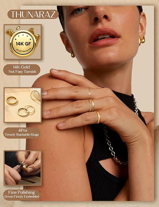 THUNARAZ 14K Gold Filled Rings Stacking Rings for Women Stackable Thin Gold Ring Plain Pinky Thumb Midi Statement Band Ring Comfort Fit 4Pcs 1mm 2mm 3mm 5mm