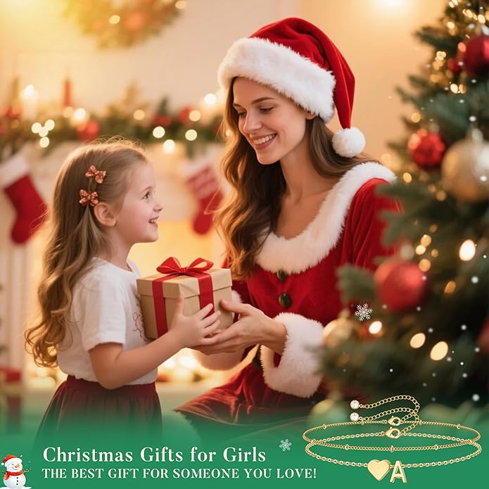 M MOOHAM Christmas Gifts for Grandkids Teens Girls -14K-Gold-Plated Heart Initial Bracelets for Women Girl Dainty Gold Bracelets Birthday Gift Stocking Stuffers for Women Teenage Girls Kids Gifts