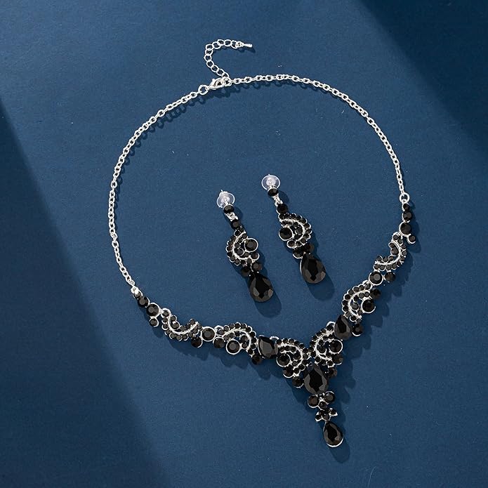 Paxuan Crystal Bridal Wedding Jewelry Sets for Women Rhinestone Teardrop Crystal Statement Choker Necklace Drop Earrings Link Bracelets Rings Teardrop Jewelry Set for Brides Bridesmaids