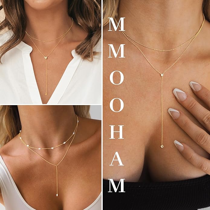M MOOHAM Gold Lariat Necklace for Women - Dainty 14K Gold Plated Y-Shaped Long Drop Necklace Pearl Cross Clover Butterfly Cubic Zirconia Charm Layered Necklaces for Women Simple Jewelry Gifts