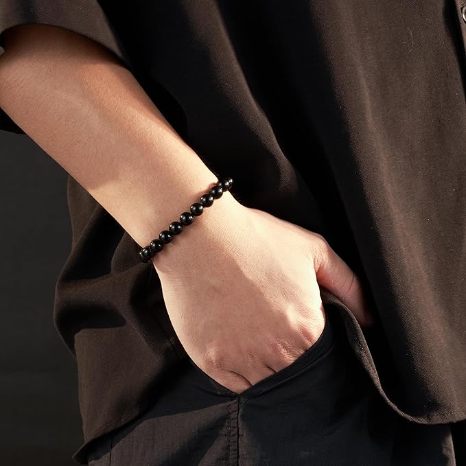 Seyaa Obsidian Bracelet, Mens Bracelet, Natural Black Obsidian Beaded Stretch Bracelets for Men Women