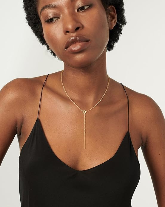 Lariat Necklaces for Women - Dainty Long Necklace Trendy 14K Gold Plated Hypoallergenic Layered Long Y-Shape Sunburst CZ T-Bar Pendant Drop Chain Necklace Set for Women Non Tarinsh Jewelry Gift