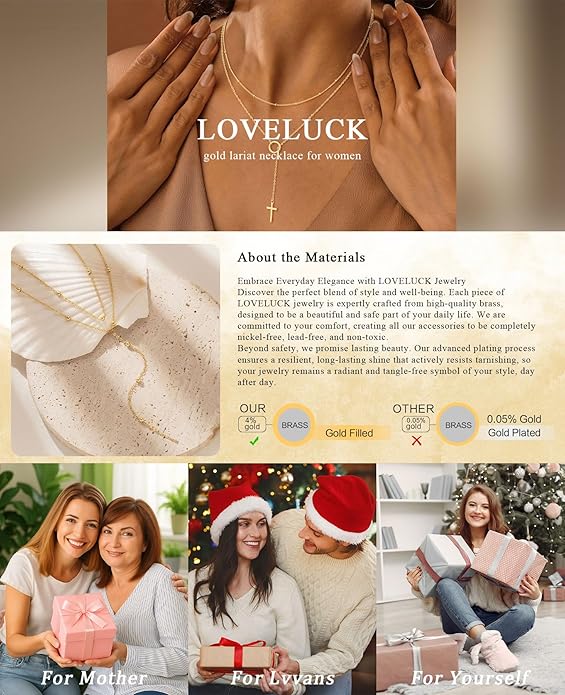LOVELUCK Long Lariat Necklace for Women,Dainty Layered Y-Shaped Necklaces 14k Gold/Silver Plated Drop Chain Trendy Christmas Jewelry Gifts