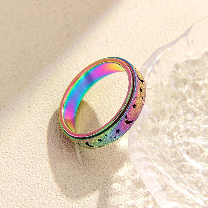 AmorArtSky Anxiety Ring for Women Men, Titanium Stainless Steel Spinner Ring, 5 Colors, 6MM, Size 6-10, 3 Styles Anxiety Ring-Moon Star, Sandblasted Finished, Hollow Outer