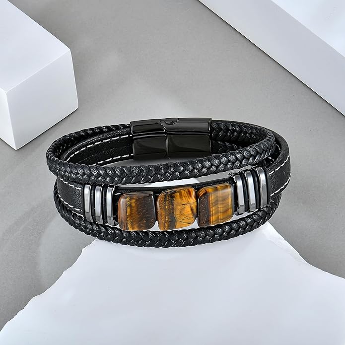 STARCHENIE Multi Strand Bracelet for Men Square Authentic Tiger Eye Black Braided Leather Mens Bracelet and Stainless Steel Buckle
