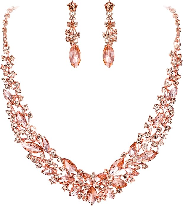 BriLove Women's Wedding Bridal Austrian Crystal Marquise Cluster Collar Necklace Dangle Earrings Set