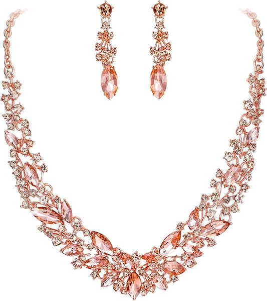 BriLove Women's Wedding Bridal Austrian Crystal Marquise Cluster Collar Necklace Dangle Earrings Set