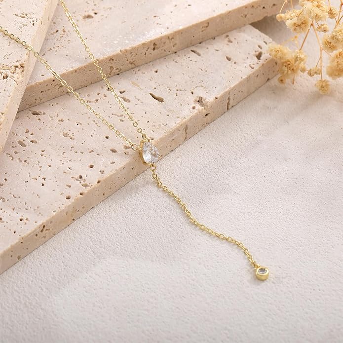 Lariat Necklace for Women, Dainty 14K Gold/Silver Plated Long Necklaces for Women Trendy Simple Layered Y-Shaped Drop Pendant Necklace Adjustable Gold Jewelry Gifts For Her Christmas Stocking Stuffer