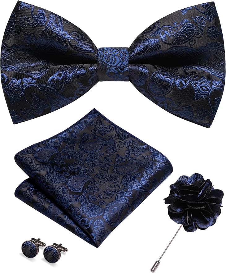 JEMYGINS Paisley Pre-tied Bow Tie and Pocket Square Cufflinks Lapel Pin Sets for Men 4PCS