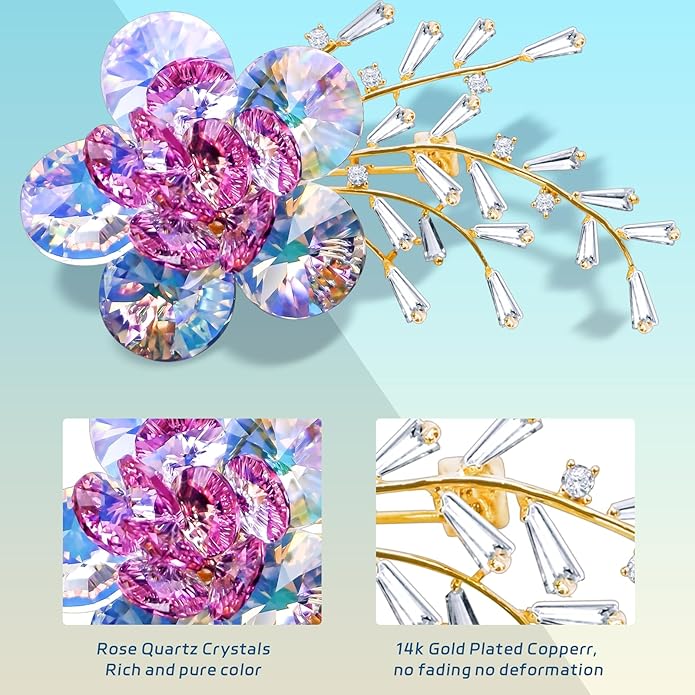 KZQtriid Brooches For Women,14k Gold Plated Copper,Crystal Roselle Cubic Zirconia Brooch Pins For Women ，Crystal Broach,Flower Broach