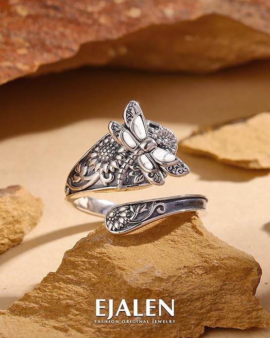 S925-Sterling-Silver Abalone Dragonfly-Turquoise Spoon Ring - Vintage Boho Sunflower Thumb Oxidized Wrap Rings Victorian Style Antique Floral Jewelry Gifts for Women