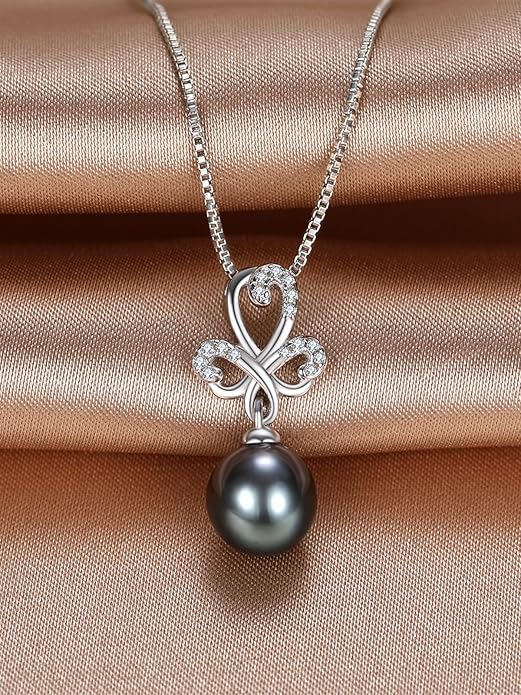 Tahitian Black Pearl 18K White Gold Plated Sterling Silver Heart/Infinity/Four Leaf Clover Pendant Necklace Jewelry Gifts for Women Wife Mom Girlfriend Wedding Birthday Anniversary Christmas