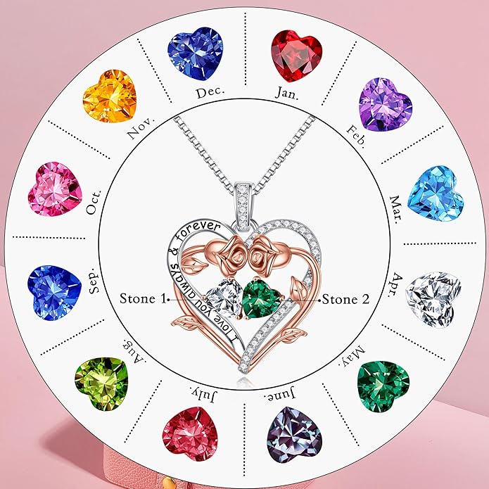 Iefil Rose Heart Double Birthstone Necklace Gifts for Wife Her Mom Women, Birthstone Jewelry Gemstone Birthday Gifts for Girlfriend Grandma Her Wife Women