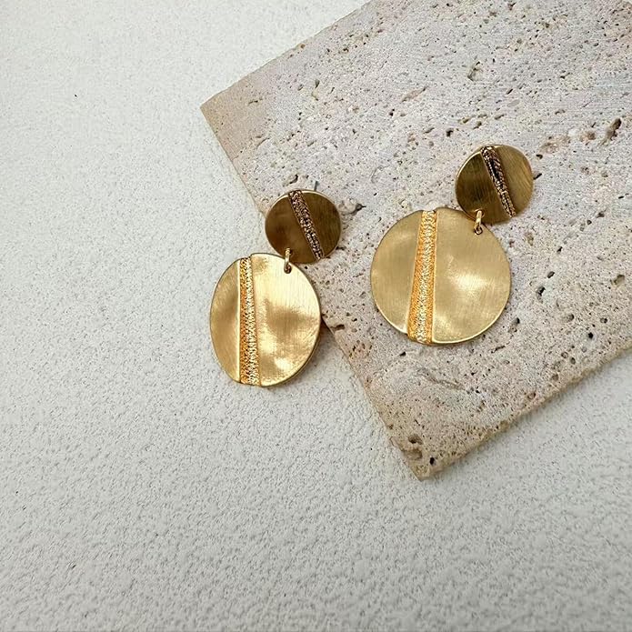 Stud Earrings for Women 14k Gold Plated Geometric Dangle Earrings Lightweight Minimalist Handmade Hammered Texture Oval Disc Drop Double-layer Big Hoop Dangle Earrings for Women