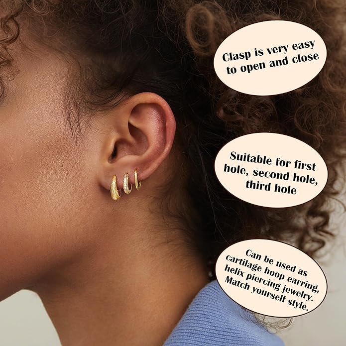 LOYALLOOK 3Pairs Gold Hoop Earrings Set for Women Trendy Huggie Hoop Earrings Stacks for Multiple Piercing 14K Gold Plated Chunky Hoop Earrings Set Hypoallergenic Cartilage Earring Lightweight